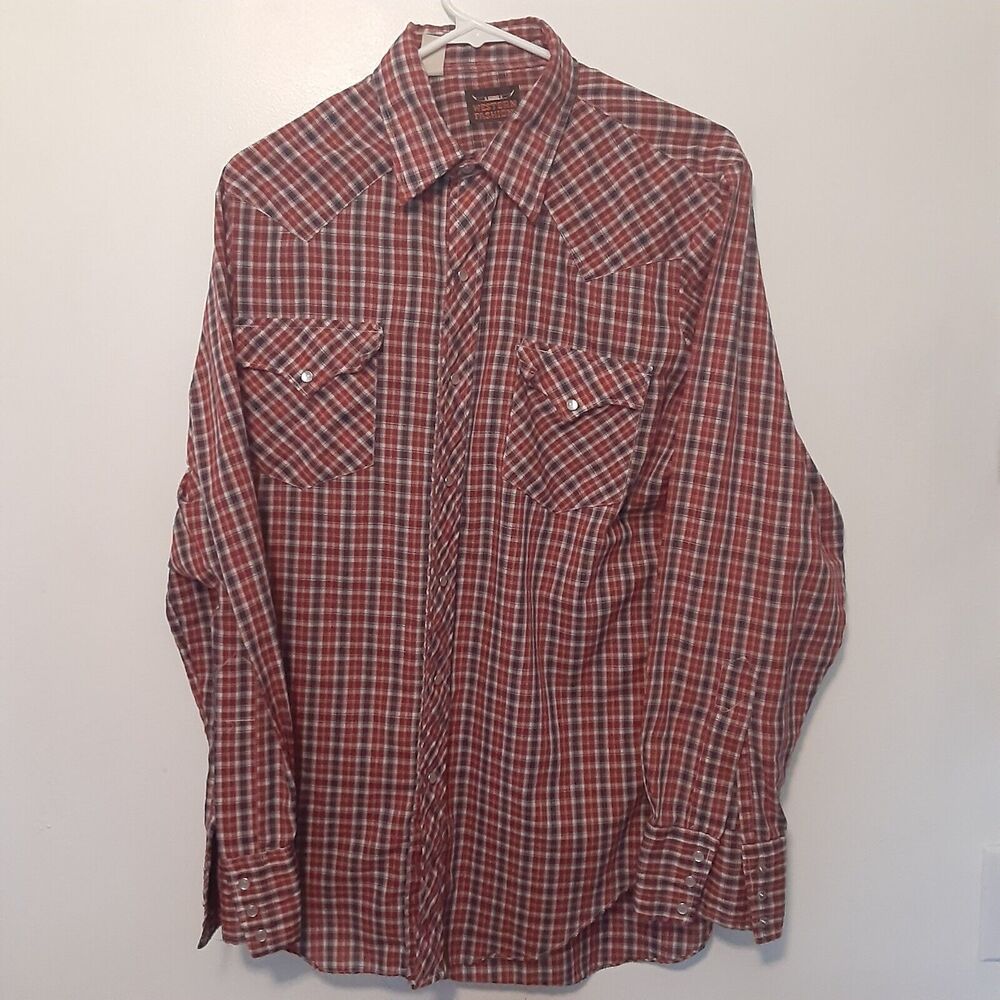 Western Fashions Men’s L Vintage Pearl Snap Plaid Red Long Sleeve Shirt Cowboy